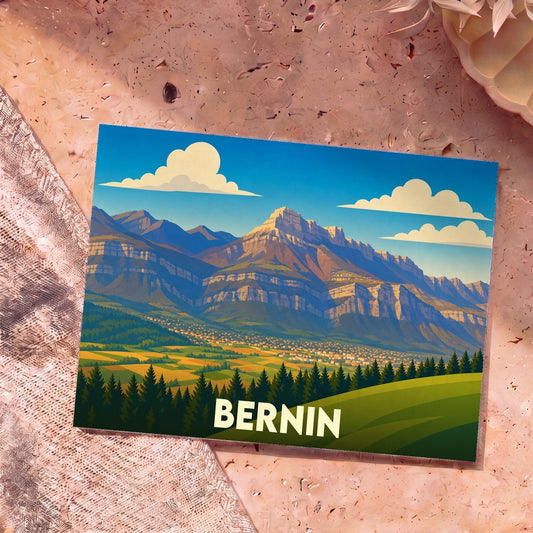 Carte postale souvenir de la ville de Bernin avec une illustration stylisée de montagnes.