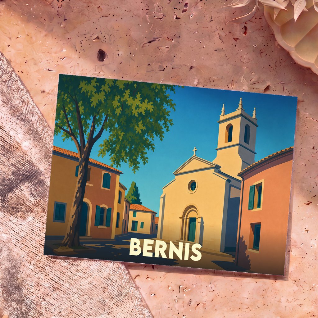 Carte postale souvenir de la ville de Bernis avec une illustration stylisée de son église et de ses façades colorées.