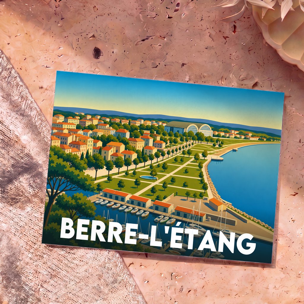 Carte postale souvenir de la ville de Berre-l'Étang avec une illustration stylisée de son front de mer.