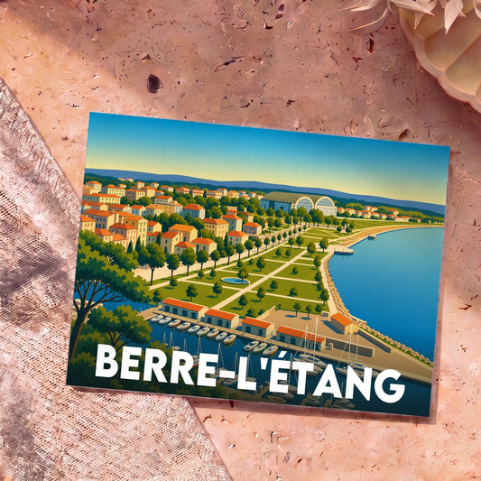 Carte postale souvenir de la ville de Berre-l'Étang avec une illustration stylisée de son front de mer.