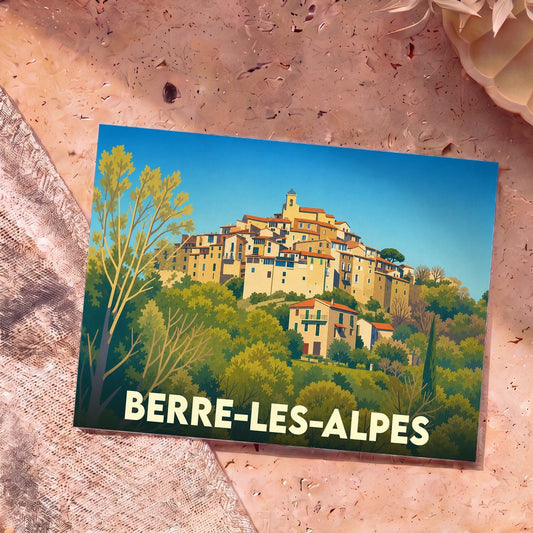 Carte postale souvenir de la ville de Berre-les-Alpes avec une illustration stylisée d'un village perché.