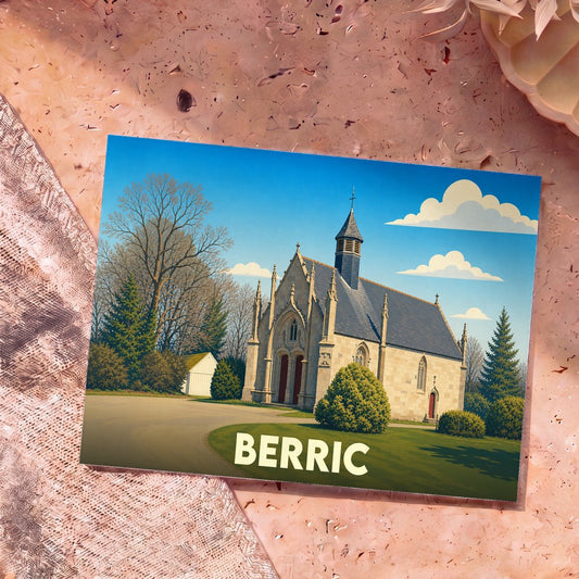Carte postale souvenir de la ville de Berric illustrant une chapelle dans un style graphique épuré.