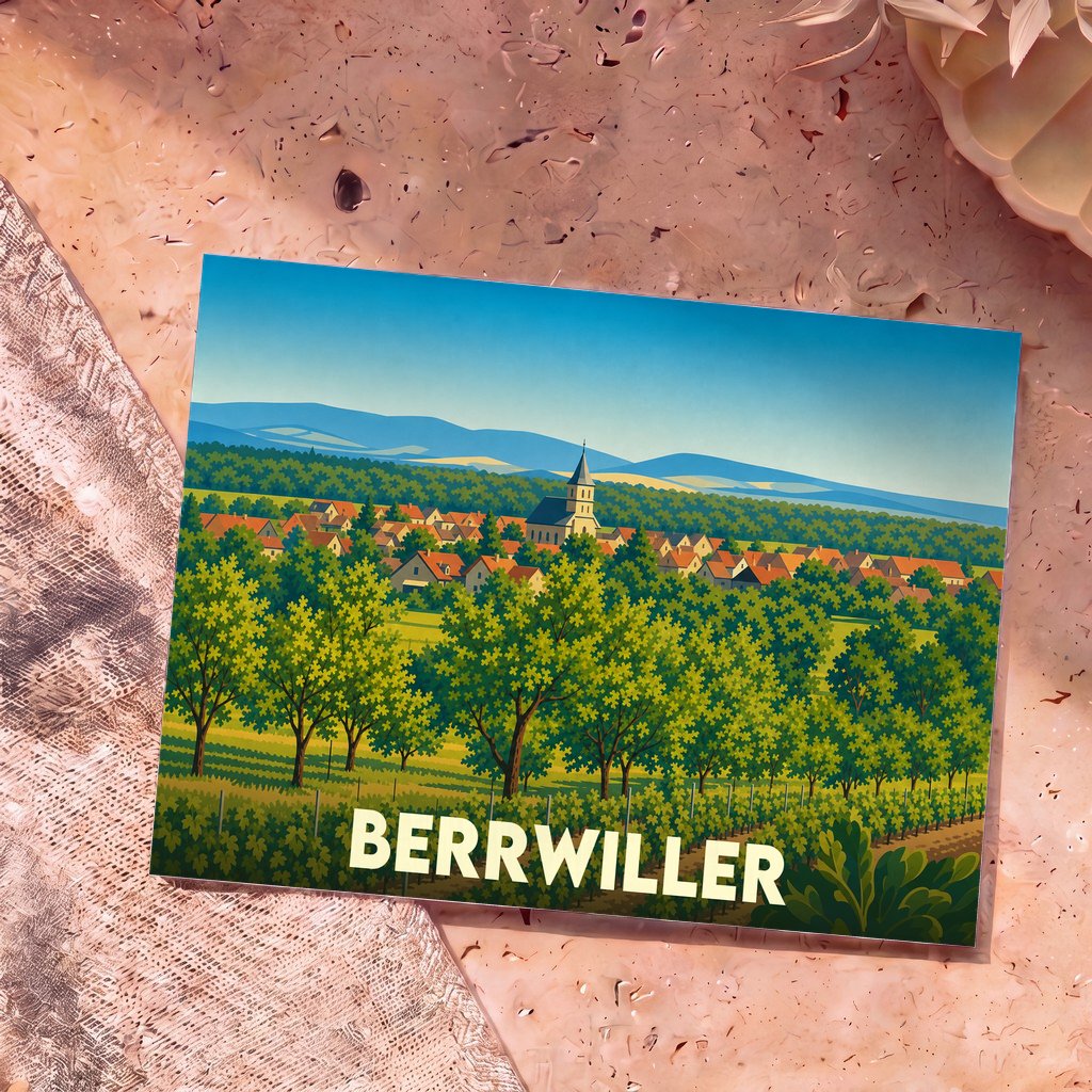 Carte postale souvenir de la ville de Berrwiller avec une illustration stylisée de son village et de son vignoble.