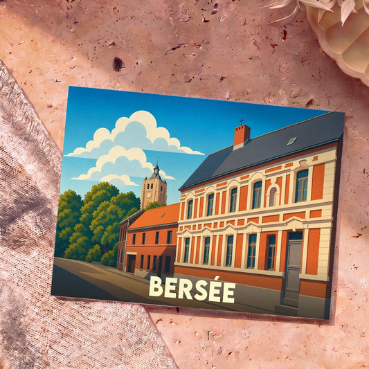 Carte postale souvenir de la ville de Bersée avec une illustration stylisée de ses bâtiments en briques et de son clocher.