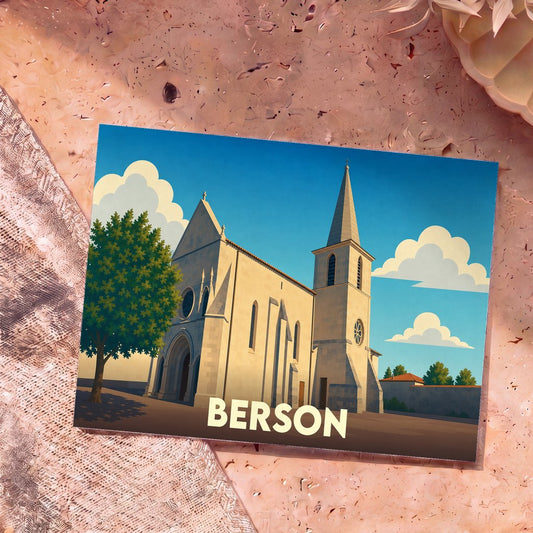 Carte postale souvenir de la ville de Berson avec une illustration stylisée de son église sous un ciel bleu.