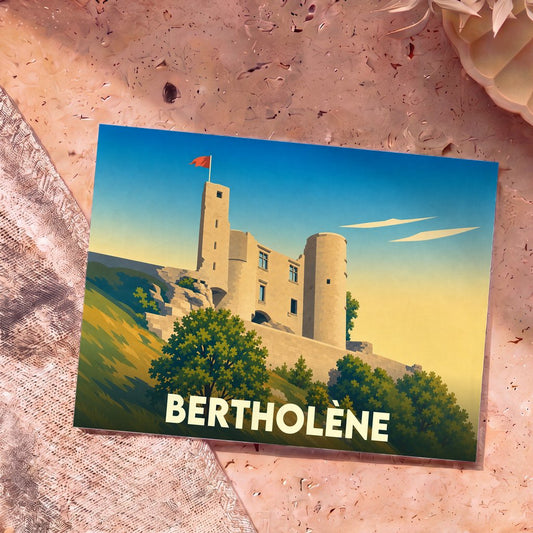 Carte postale souvenir de la ville de Bertholène avec une illustration stylisée de son château.