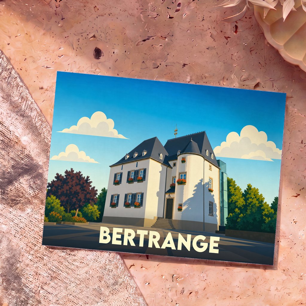 Carte postale souvenir de la ville de Bertrange avec une illustration stylisée d'un bâtiment historique.