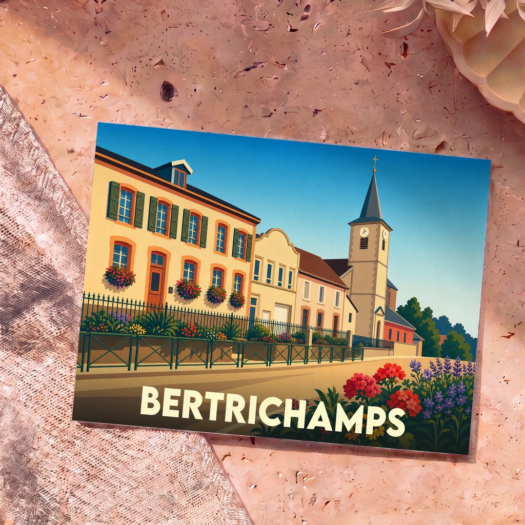 Carte postale souvenir de la ville de Bertrichamps avec une illustration stylisée montrant des bâtiments colorés et une église.