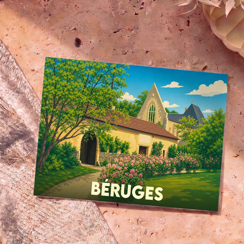 Carte postale souvenir de la ville de Béruges avec une illustration stylisée montrant des bâtiments historiques et un jardin fleuri.
