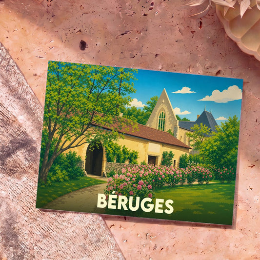 Carte postale souvenir de la ville de Béruges avec une illustration stylisée montrant des bâtiments historiques et un jardin fleuri.
