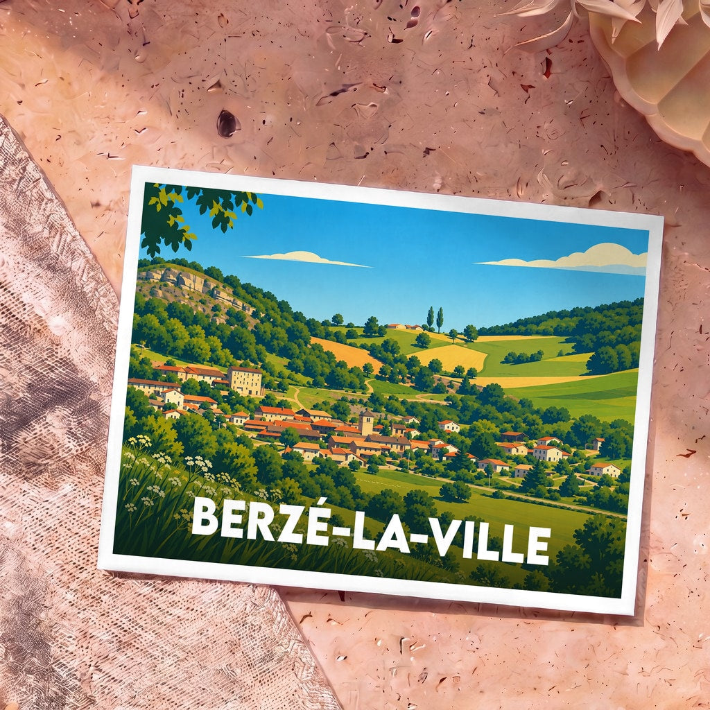 Carte postale souvenir de la ville de Berzé-la-Ville avec une illustration de paysage rural stylisée.