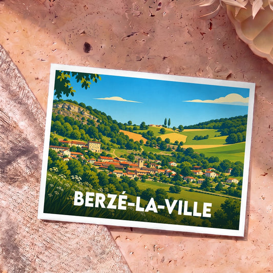 Carte postale souvenir de la ville de Berzé-la-Ville avec une illustration de paysage rural stylisée.