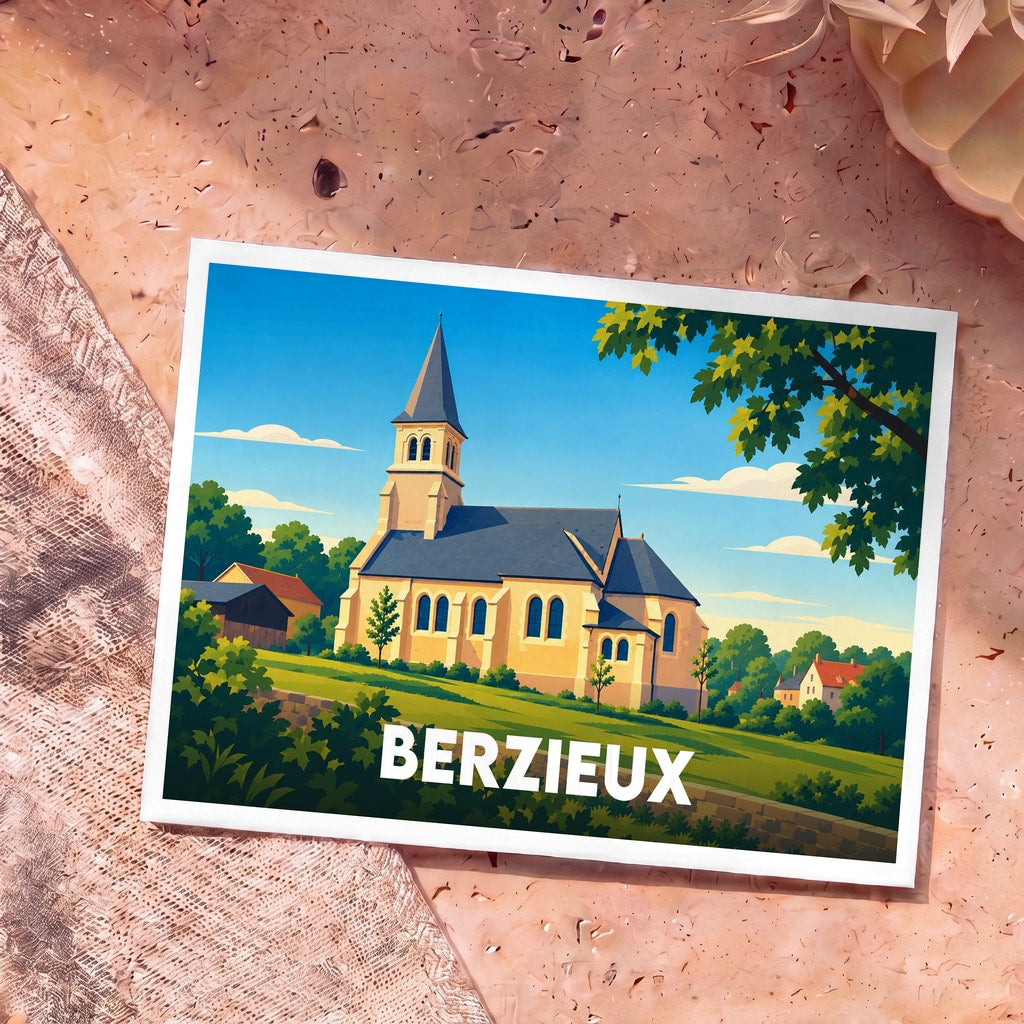 Carte postale souvenir de la ville de Berzieux avec une illustration stylisée de son église.