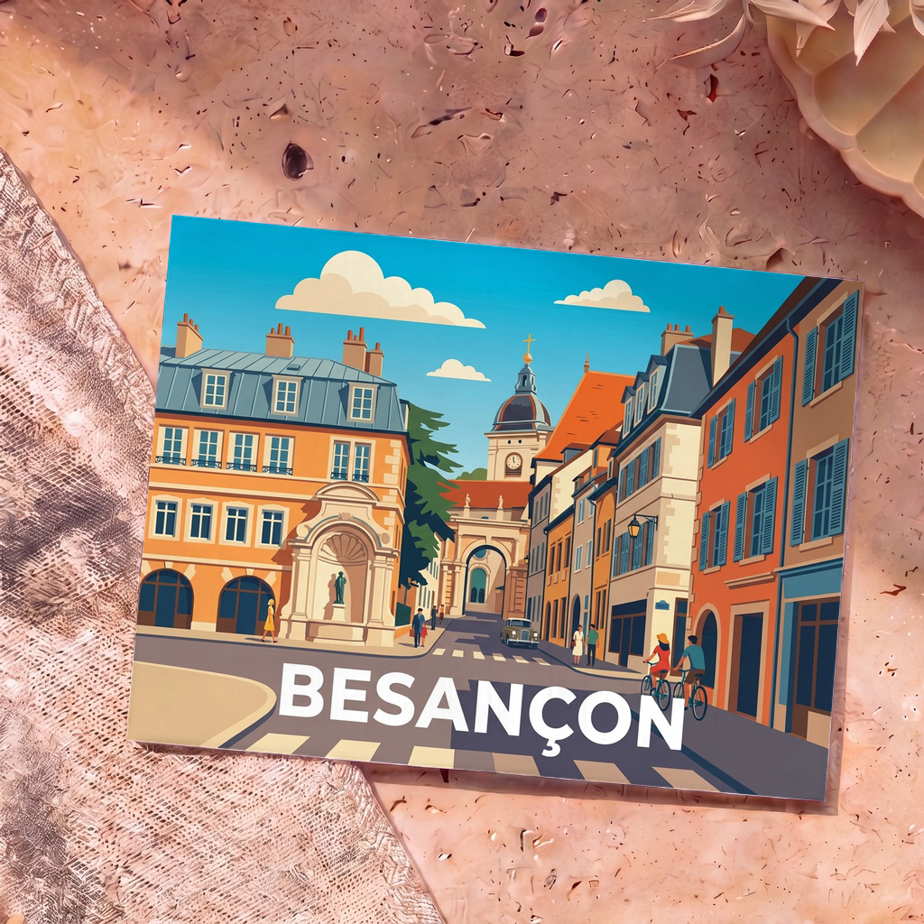 Carte postale souvenir de la ville de Besançon avec une illustration stylisée et colorée de ses rues historiques.