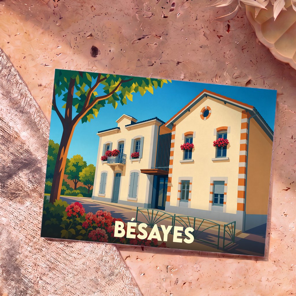 Carte postale souvenir de la ville de Bésayes avec une illustration colorée de bâtiments fleuris.