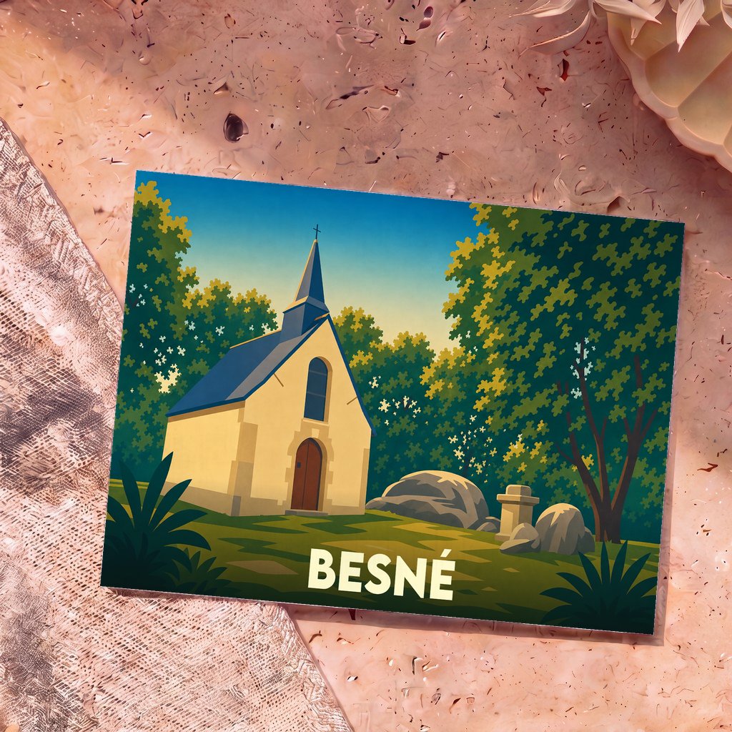 Carte postale souvenir de la ville de Besné avec une illustration stylisée de sa chapelle entourée de verdure.