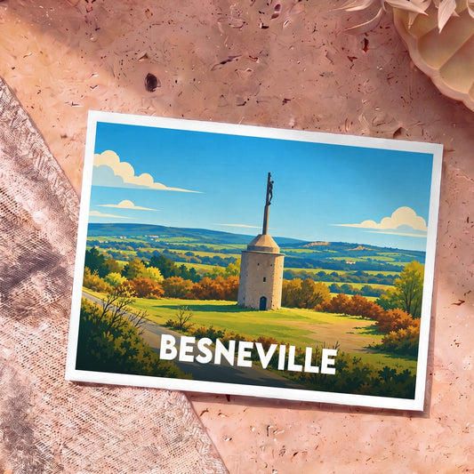 Carte postale souvenir de la ville de Besneville illustrant un monument historique sur une colline verdoyante.