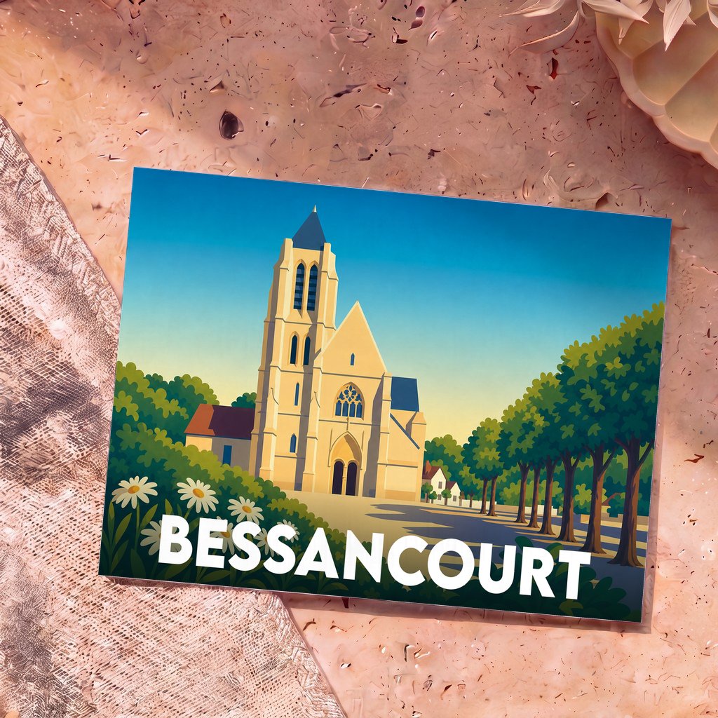 Carte postale souvenir de la ville de Bessancourt avec une illustration stylisée de son église et de ses environs.