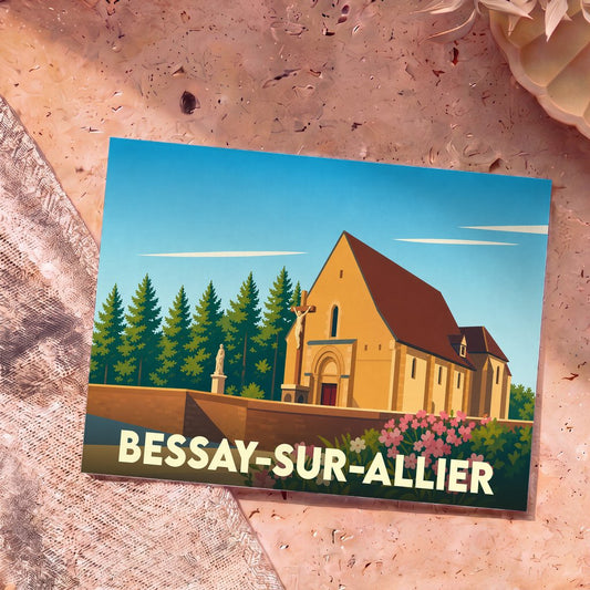 Carte postale souvenir de la ville de Bessay-sur-Allier représentant son église dans un style graphique épuré.
