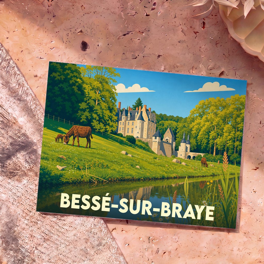 Carte postale souvenir de la ville de Bessé-sur-Braye avec une illustration stylisée de son château et de sa campagne.