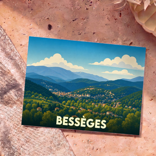 Carte postale souvenir de la ville de Bessèges illustrant un paysage vallonné et verdoyant dans un style graphique épuré.