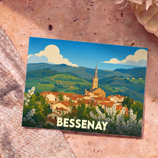 Carte postale souvenir de la ville de Bessenay avec une illustration stylisée montrant le village et son clocher nichés dans les collines.