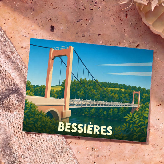 Carte postale souvenir de la ville de Bessières illustrant son pont suspendu dans un style graphique épuré.