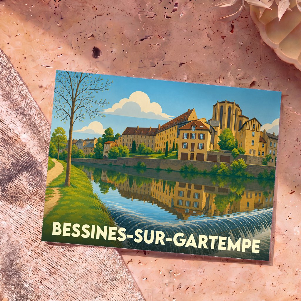 Carte postale souvenir de la ville de Bessines-sur-Gartempe avec une illustration stylisée des bâtiments se reflétant dans la rivière.