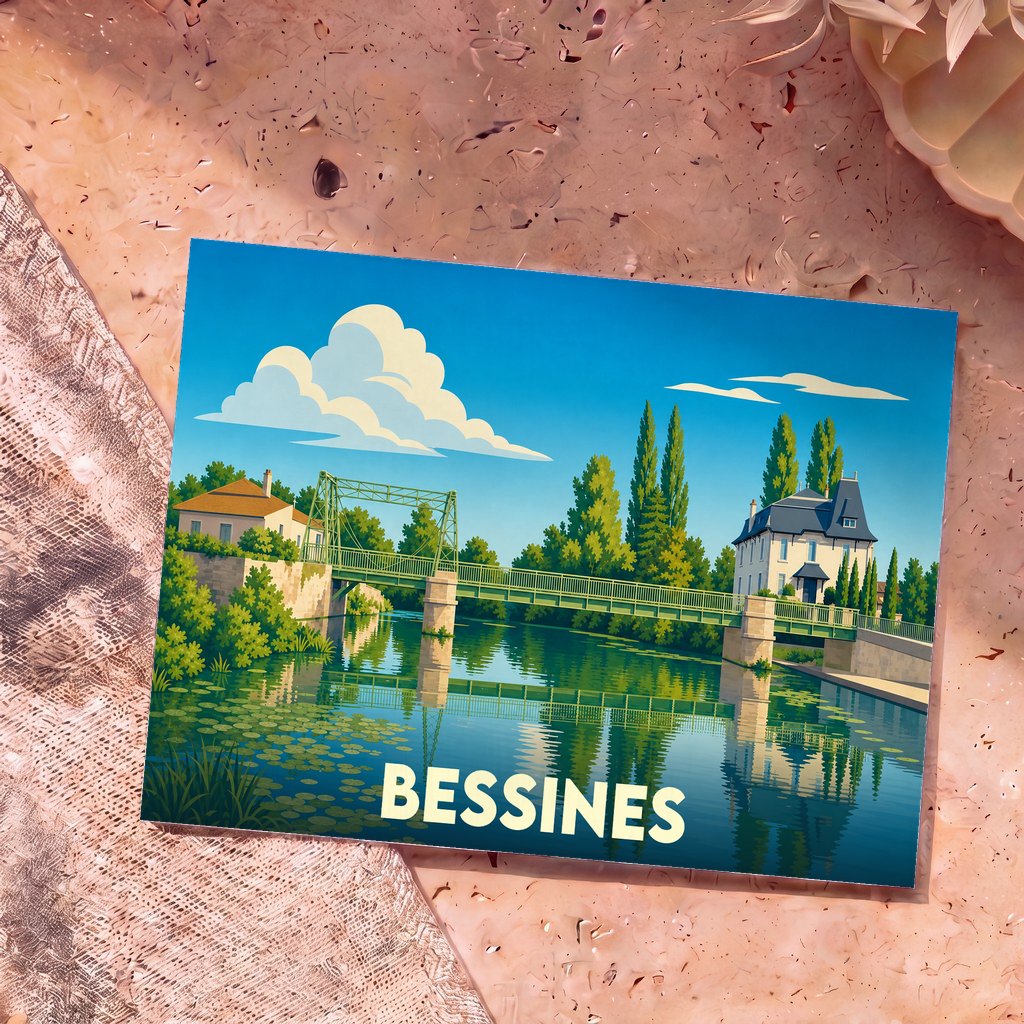 Carte postale souvenir de la ville de Bessines avec une illustration stylisée d'un pont traversant une rivière.