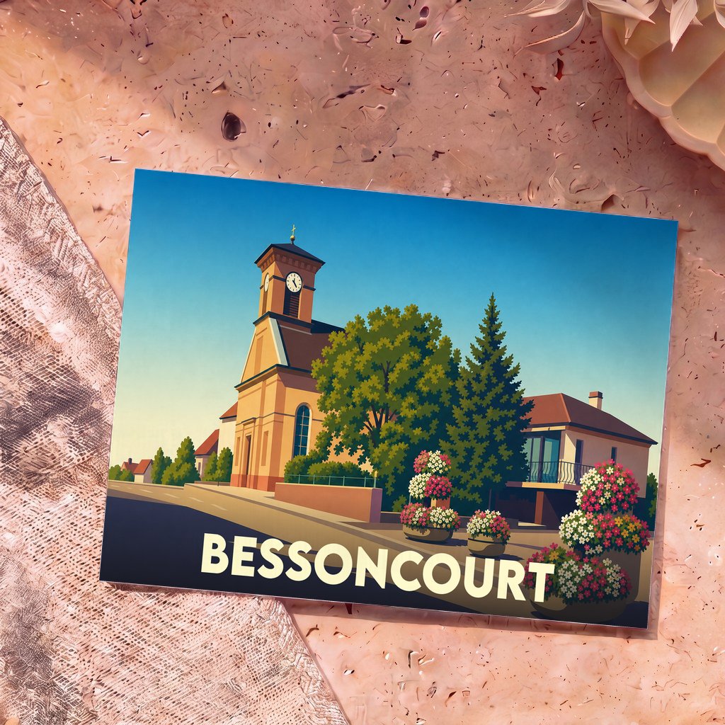 Carte postale souvenir de la ville de Bessoncourt avec une illustration stylisée de son église et de ses fleurs.