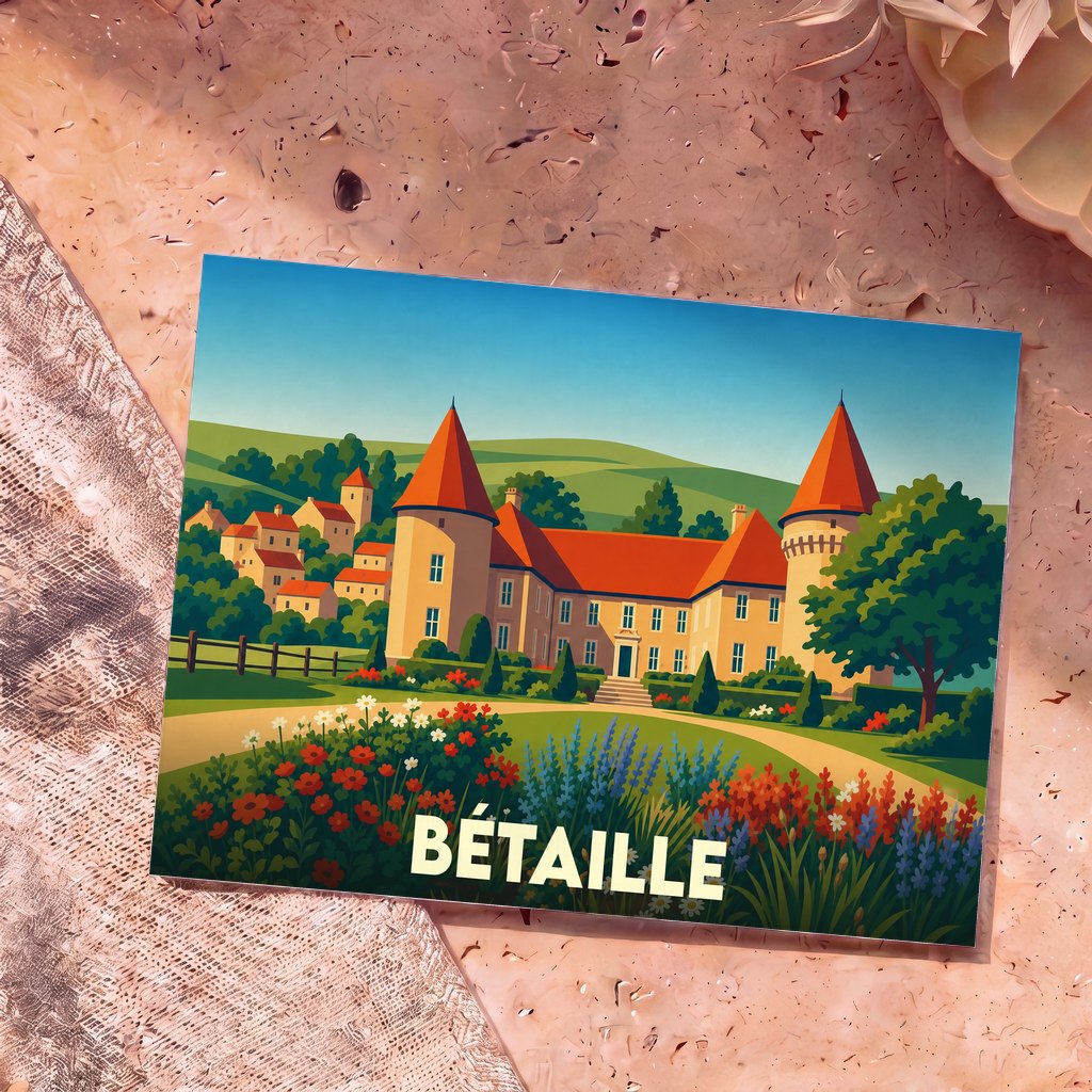 Carte postale souvenir de la ville de Bétaille avec une illustration stylisée de son château et de ses jardins fleuris.