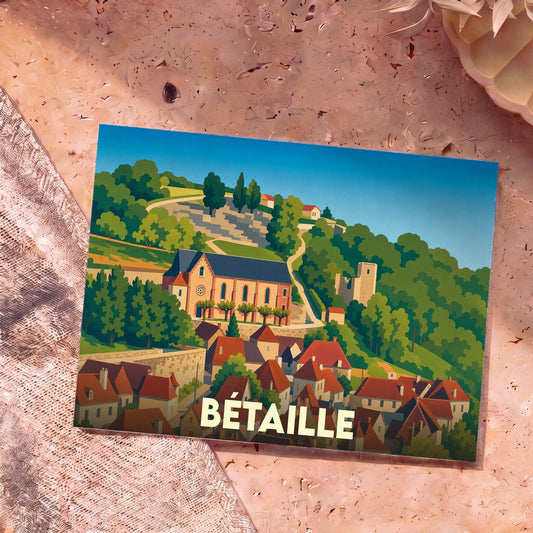 Carte postale souvenir de la ville de Bétaille avec une illustration stylisée et colorée de son paysage vallonné.