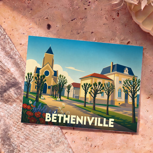 Carte postale souvenir de la ville de Bétheniville avec une illustration stylisée de son église et de son architecture locale.
