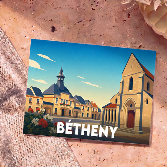 Carte postale souvenir de la ville de Bétheny avec une illustration stylisée montrant l'église et la mairie.