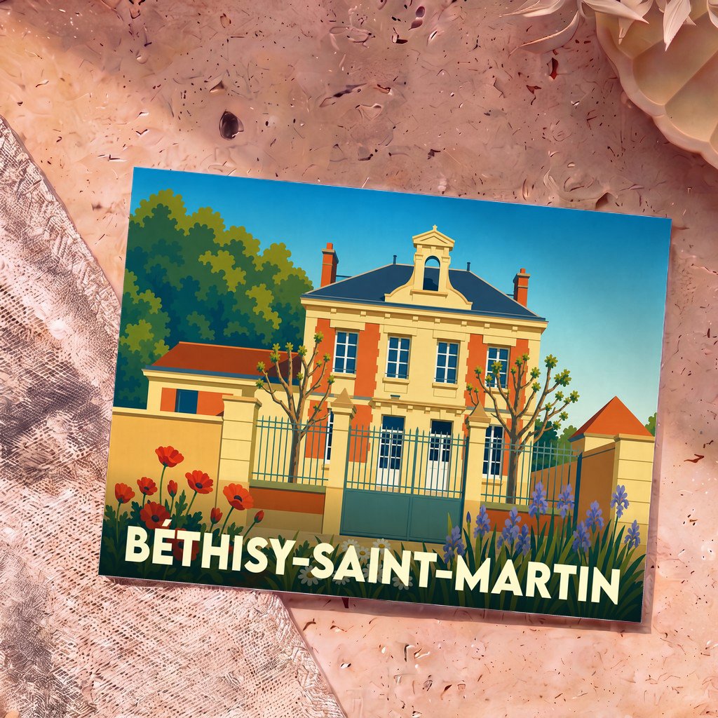 Carte postale souvenir de la commune de Béthisy-Saint-Martin avec une illustration stylisée d'une demeure bourgeoise.