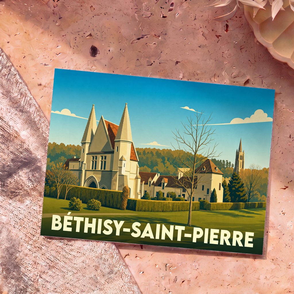 Carte postale souvenir de la ville de Béthisy-Saint-Pierre avec une illustration stylisée de son patrimoine architectural.