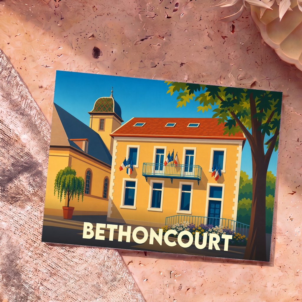 Carte postale souvenir de la ville de Bethoncourt avec une illustration colorée de la mairie et de l'église.