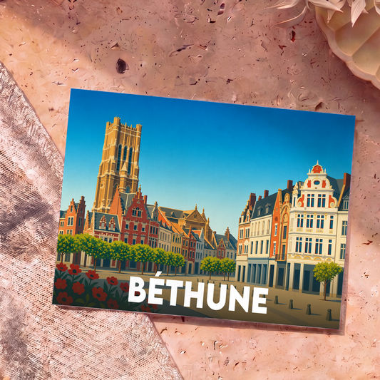 Carte postale souvenir de la ville de Béthune avec une illustration colorée et stylisée de sa place principale.