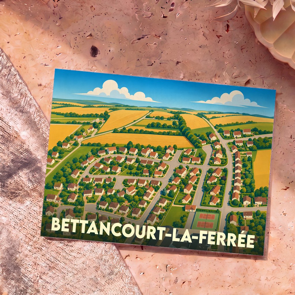 Carte postale souvenir de la ville de Bettancourt-la-Ferrée avec une illustration stylisée d'un paysage urbain et champêtre.