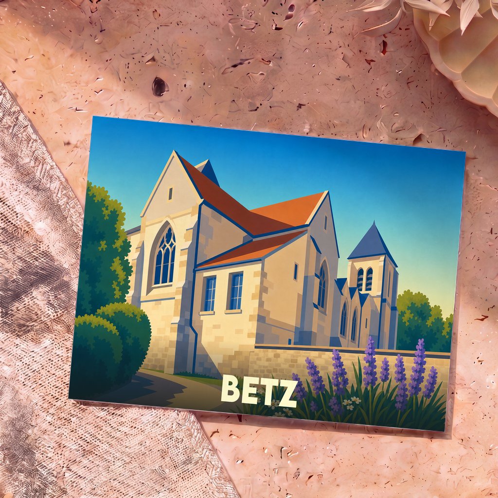 Carte postale souvenir de la ville de Betz arborant une illustration stylisée de son église sous un ciel azur.