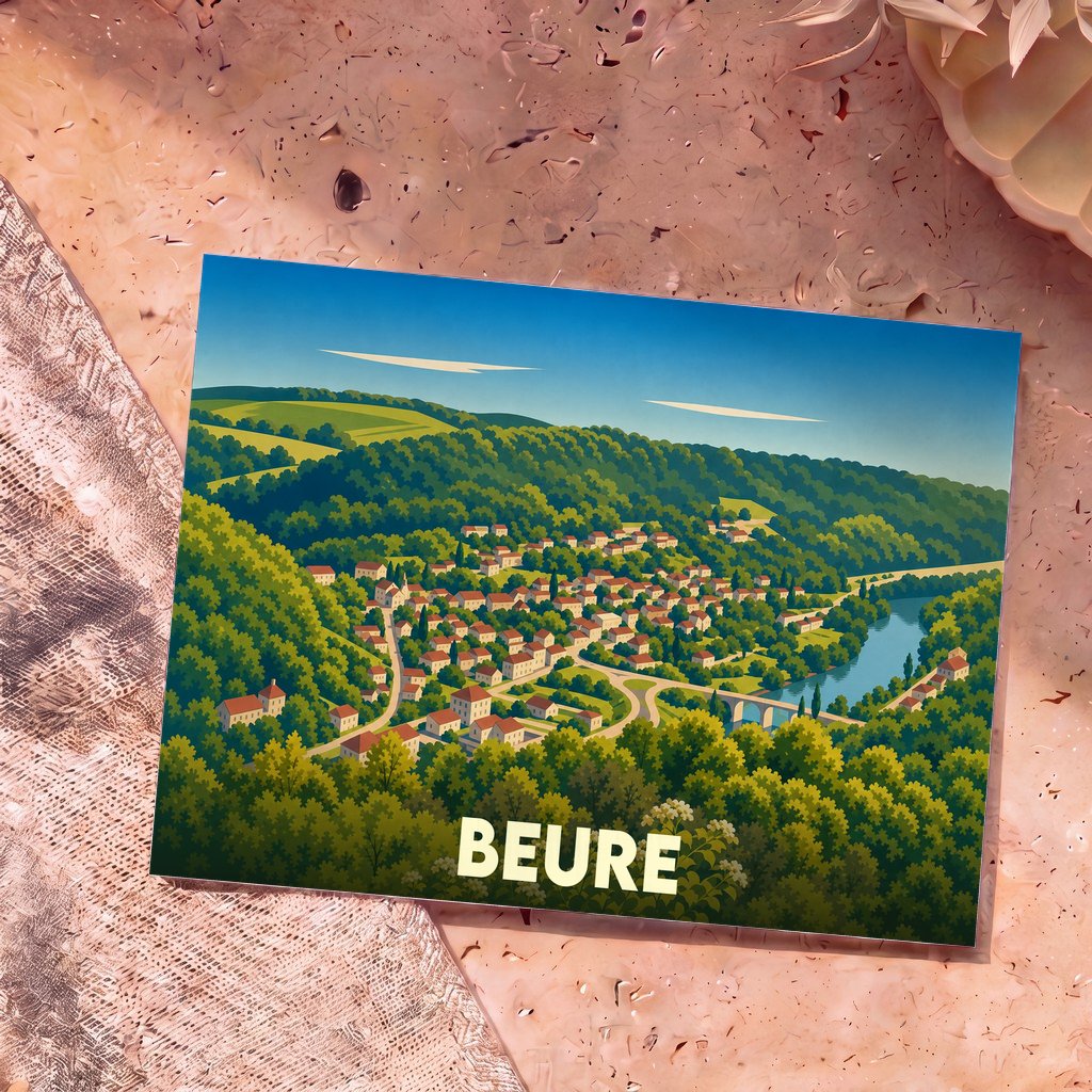 Carte postale souvenir de la ville de Beure avec une illustration stylisée d'un village niché dans une vallée verdoyante au bord de l'eau.