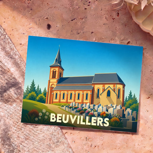 Carte postale souvenir de la ville de Beuvillers avec une illustration stylisée de son église et de son cimetière fleuri.