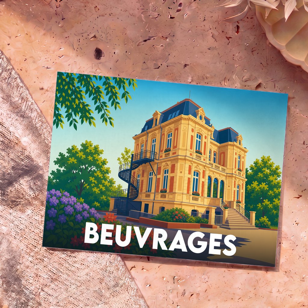 Carte postale souvenir de la ville de Beuvrages illustrant une grande demeure bourgeoise de style néo-classique.