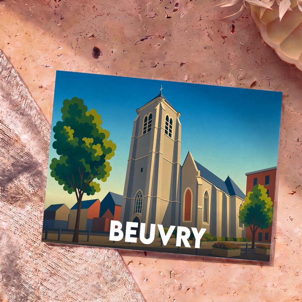 Carte postale souvenir de la ville de Beuvry avec une illustration stylisée de son église.