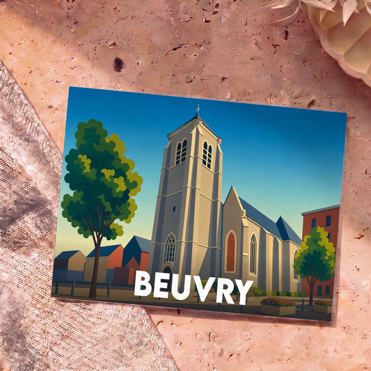 Carte postale souvenir de la ville de Beuvry avec une illustration stylisée de son église.