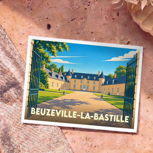 Carte postale souvenir de la ville de Beuzeville-la-Bastille avec une illustration stylisée d'un château.