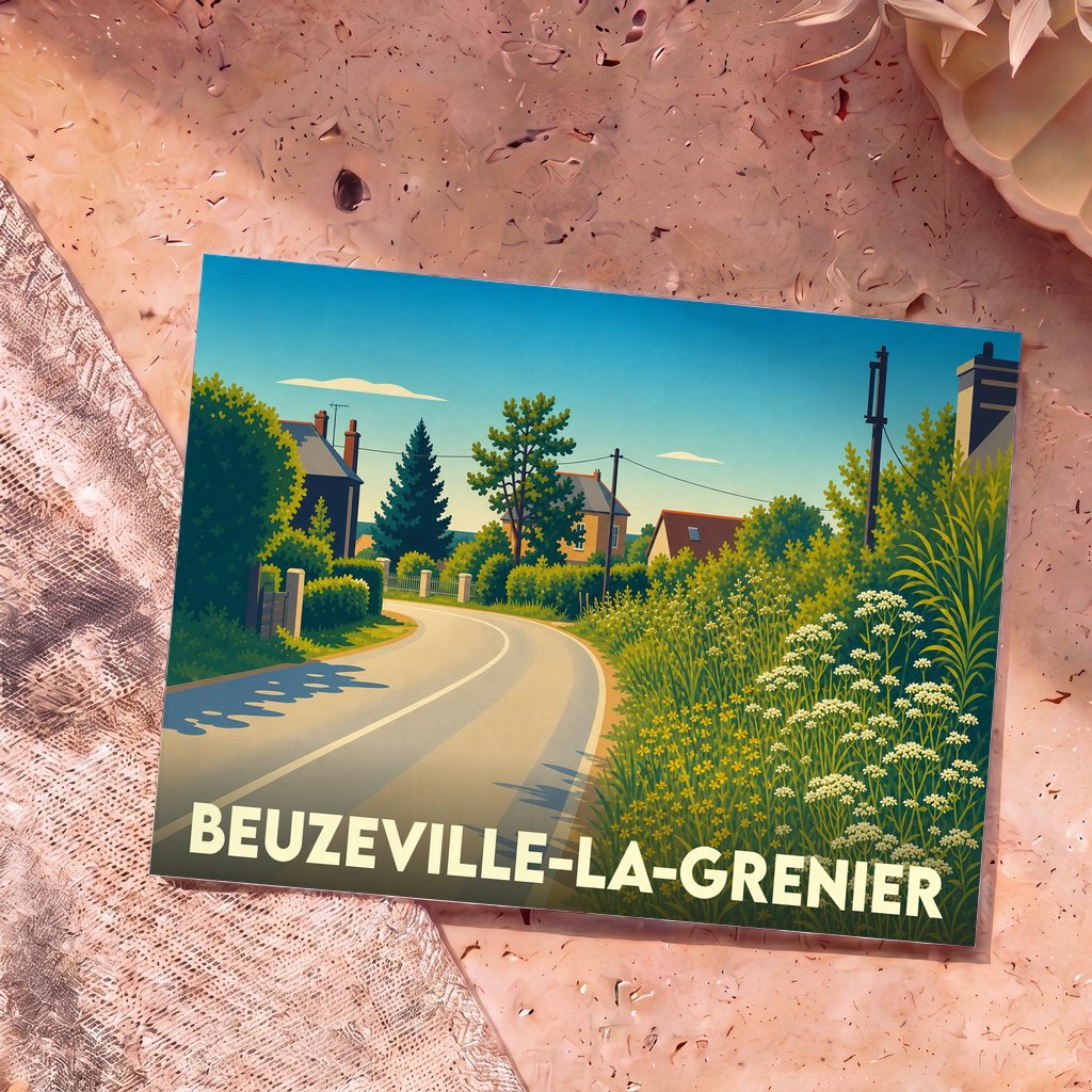 Carte postale souvenir de la ville de Beuzeville-la-Grenier avec une illustration stylisée d'une route de campagne.