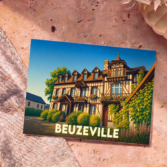 Carte postale souvenir de la ville de Beuzeville illustrant un bâtiment typique à colombages.