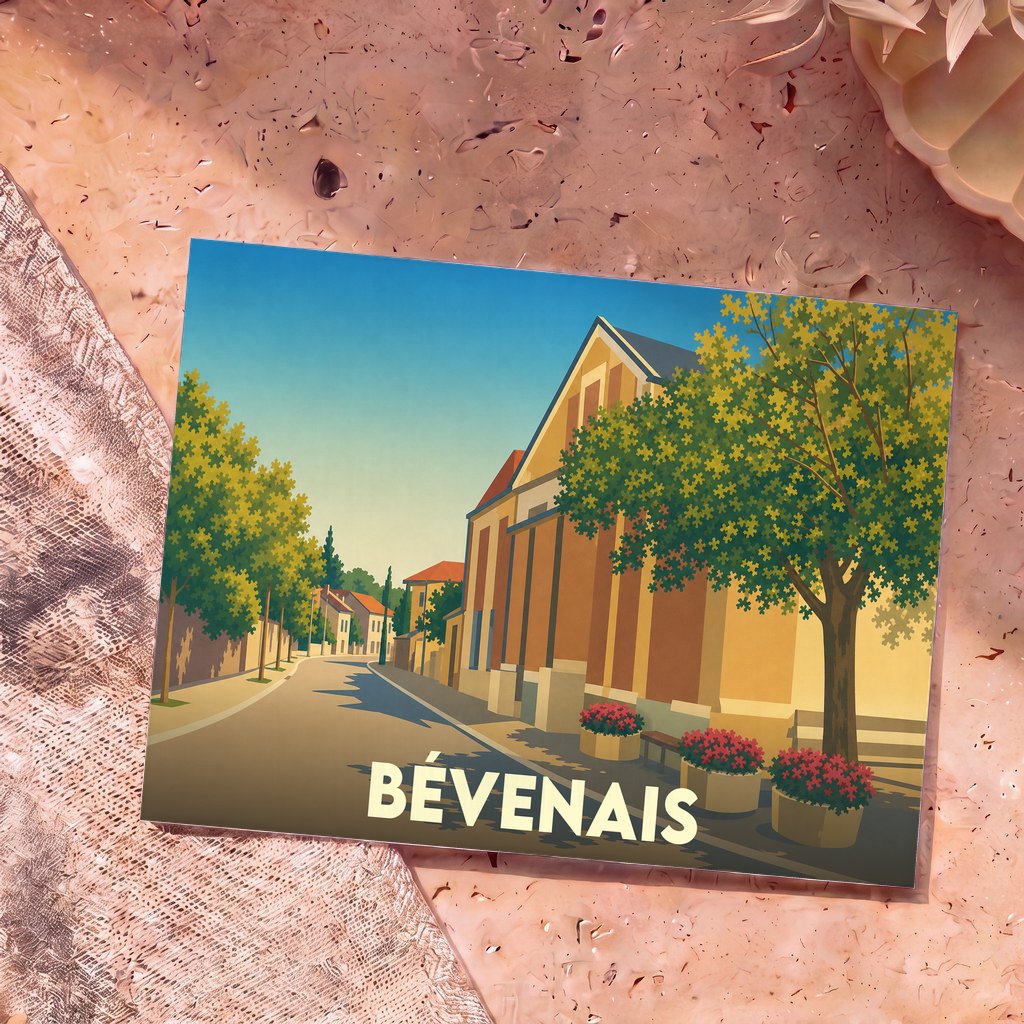 Carte postale souvenir de la ville de Bévenais avec une illustration stylisée d'une rue ensoleillée.