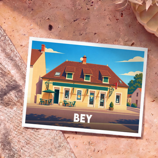 Carte postale souvenir de la ville de Bey représentant un bâtiment de village avec une illustration stylisée.